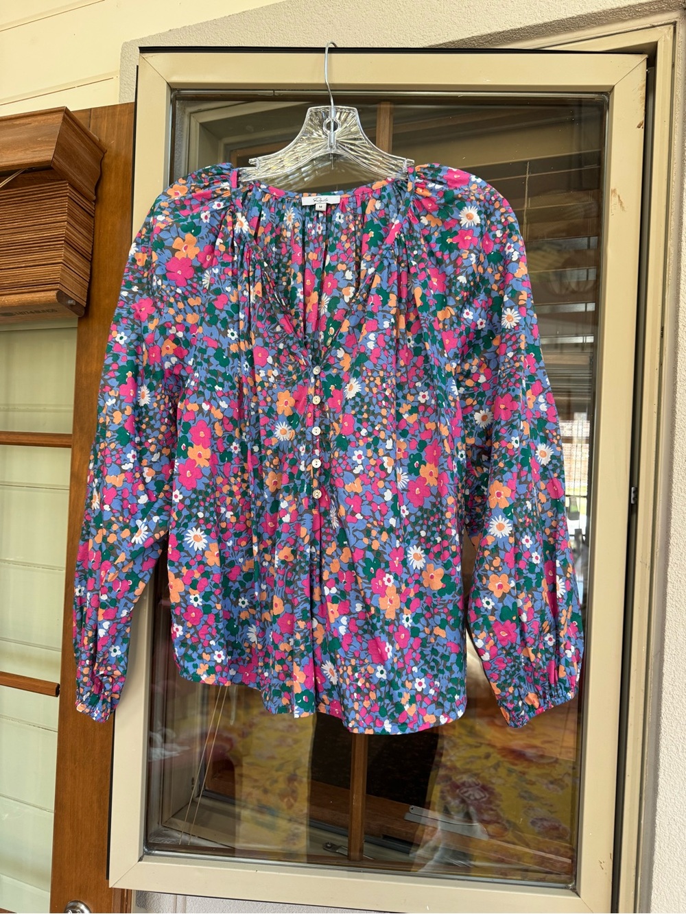 Rails Floral Button-Front Peasant Blouse in Pink, Blue, Green